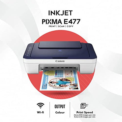 CANON PIXMA E477 ALL-IN-ONE WIRELESS INK EFFICIENT COLOUR PRINTER (WHITE/BLUE)