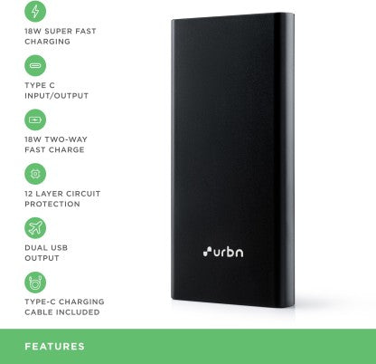 URBN 10000 MAH POWER BANK (18 W, POWER DELIVERY 3.0, QUICK CHARGE 3.0)  (BLACK, LITHIUM POLYMER)