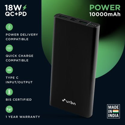 URBN 10000 MAH POWER BANK (18 W, POWER DELIVERY 3.0, QUICK CHARGE 3.0)  (BLACK, LITHIUM POLYMER)